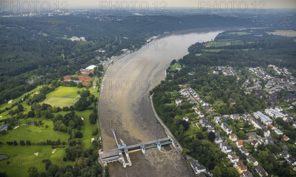 Aerial photo, Ruhr flood, flooding, Lake Baldeney weir Essen-Werden, Essen-Bredeney, Essen, Ruhr