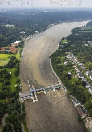 Aerial photo, Ruhr flood, flooding, Lake Baldeney weir Essen-Werden, Essen-Bredeney, Essen, Ruhr