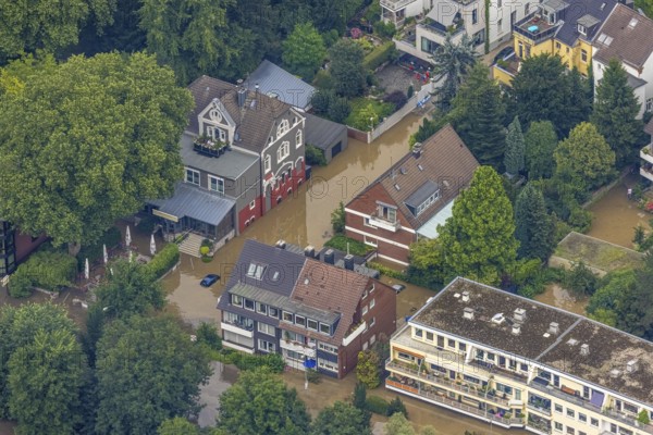 Aerial photo, Ruhr floods, floods at Laupendahler Landstraße in Essen-Werden, Werden, Essen, Ruhr