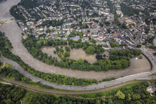 Aerial photograph, Ruhr flood, flooding, flooded Brehminsel Essen-Werden, Essen-Bredeney, Essen,
