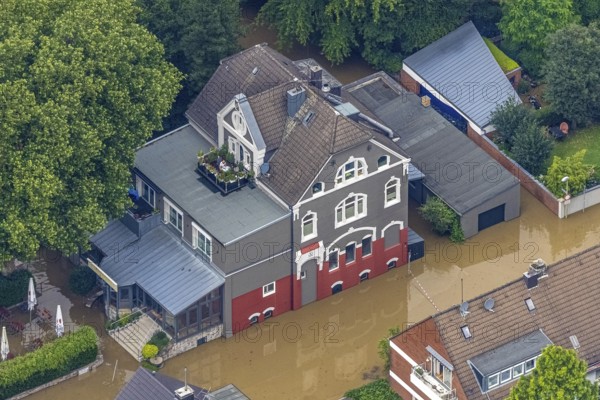 Aerial photo, Ruhr floods, floods at Laupendahler Landstraße in Essen-Werden, Werden, Essen, Ruhr