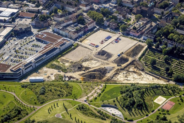 Aerial view, construction site Husmannshofstraße of the former Real market for new building complex