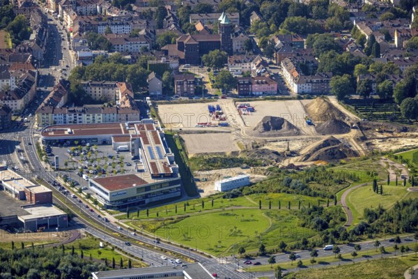 Aerial view, construction site Husmannshofstraße of the former Real market for new building complex