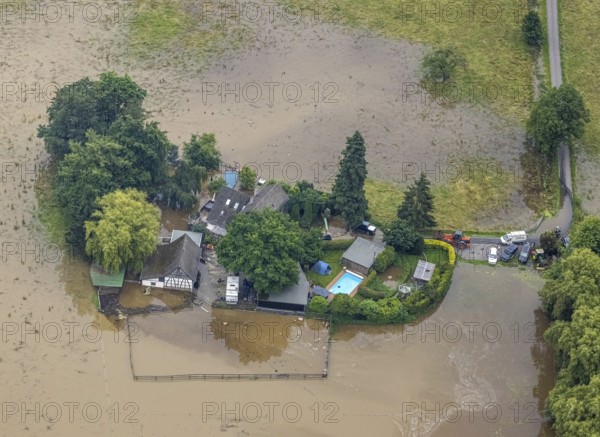 Aerial photo, Ruhr flood, flooding, Kettwig, Essen, Ruhr area, North Rhine-Westphalia, Germany, DE,