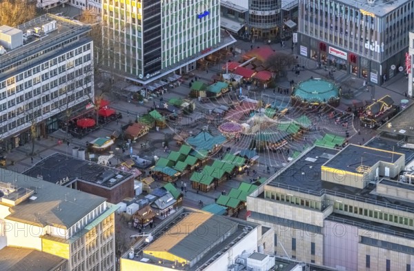 Aerial view, Christmas market at Kennedyplatz in the city centre of Essen, Ruhr area, North
