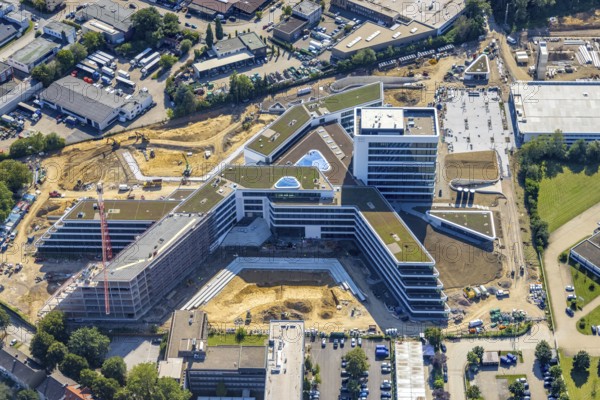 Aerial view, construction site and new construction ALDI-Nord Campus on the A40 motorway, Am