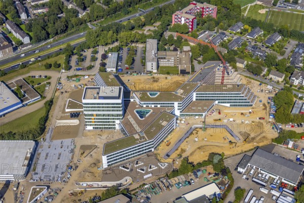 Aerial view, construction site and new construction ALDI-Nord Campus on the A40 motorway, Am
