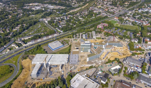 Aerial view, construction site and new construction ALDI-Nord Campus on the A40 motorway, Am