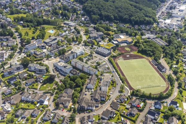 Aerial view, town hall Finnentrop Am Markt, Finto swimming pool, Bigge-Lenne comprehensive school,