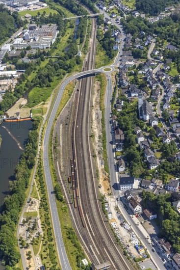 Aerial view, railway tracks with freight wagons at Finnentrop station, Finnentrop, Sauerland, North