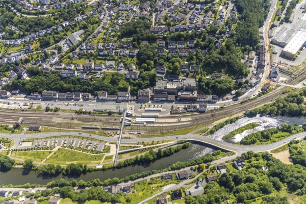 Aerial view, Finnentrop railway station with pedestrian bridge, Finnentrop, Sauerland, North