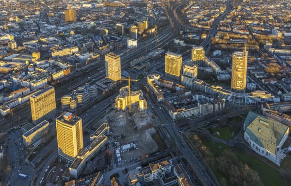 Aerial view, demolition Ypsilon-Haus of the RWE headquarters Essen in the Huyssenallee, planned new