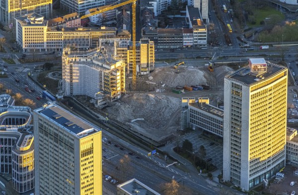 Aerial view, demolition Ypsilon-Haus of the RWE headquarters Essen in the Huyssenallee, planned new