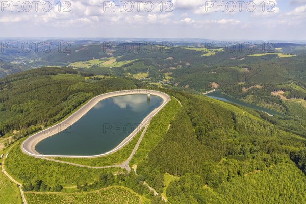 Aerial view, pumped storage plant Oberbecken, Schönholthausen, Finnentrop, Sauerland, North