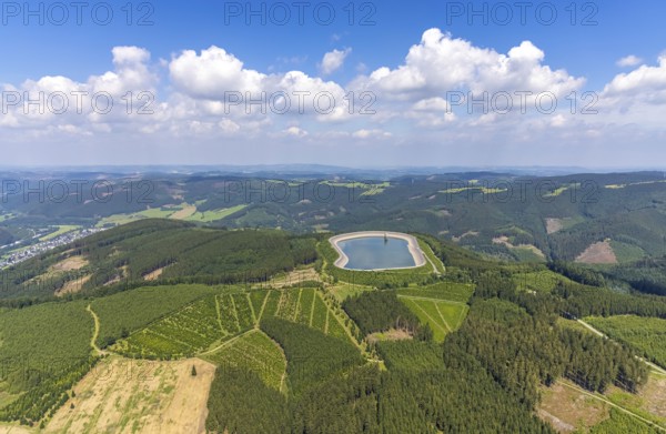 Aerial view, pumped-storage power station upper reservoir, Schönholthausen, Finnentrop, Sauerland,