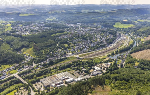 Aerial view, industrial area Am Lennedamm, railway station Finnentrop, Finnentrop, Sauerland, North