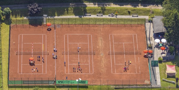 Aerial view, tennis courts with youth training, Rönkhausen, Finnentrop, Sauerland, North