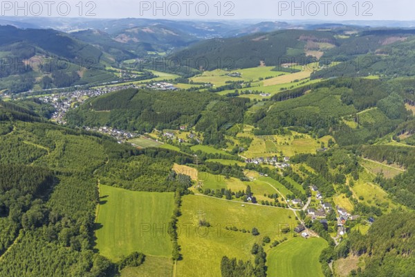 Aerial view, hilly landscape and forest area around Rönkhausen, Finnentrop, Sauerland, North