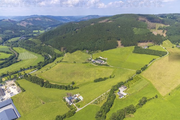 Aerial view, forest area with forest damage at Ruthenberg, farms in Pasel district, Plettenberg,