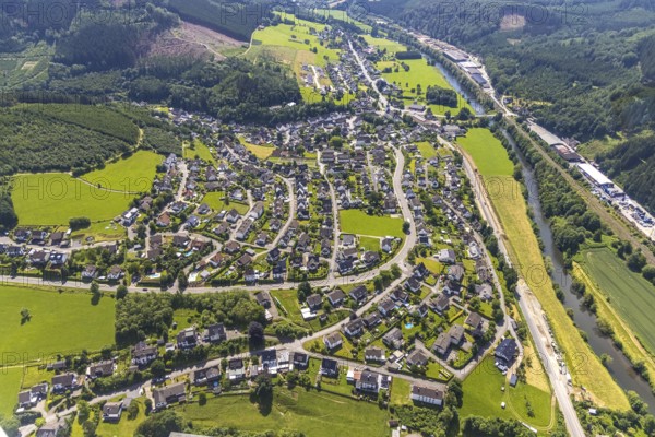 Aerial view, commercial area Bahnhofstraße at the edge of the forest on the Lenne and view of