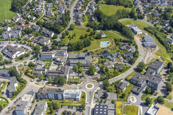Aerial view, town hall Finnentrop Am Markt, Finto swimming pool, Bigge-Lenne comprehensive school,