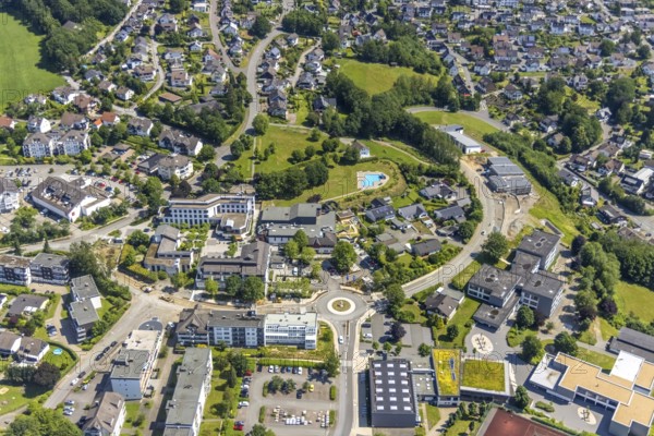 Aerial view, town hall Finnentrop Am Markt, Finto swimming pool, Bigge-Lenne comprehensive school,
