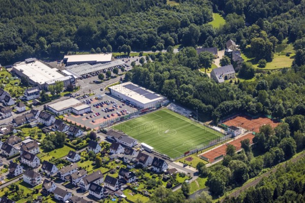 Aerial view, sports field Bamenohl, local supply centre, Schloss Haus Bamenohl, Finnentrop,