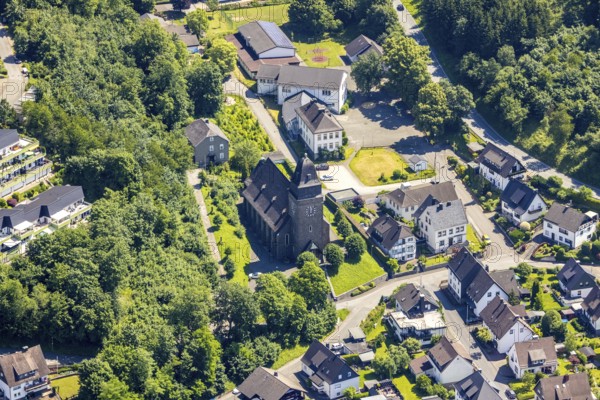 Aerial view, catholic church St. Josef and primary school, Bamenohl, Finnentrop, Sauerland, North