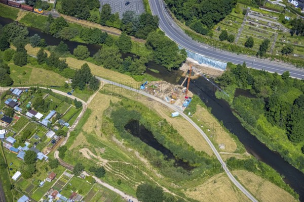 Aerial view, Lennewiesen with Bikepark Finnentrop and construction site at the river Lenne,