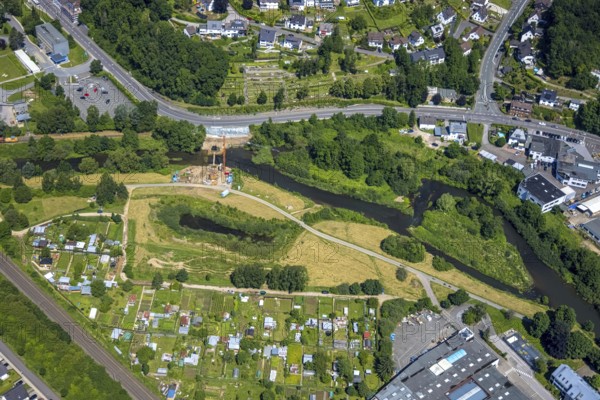 Aerial view, Lennewiesen with Bikepark Finnentrop and construction site at the river Lenne,