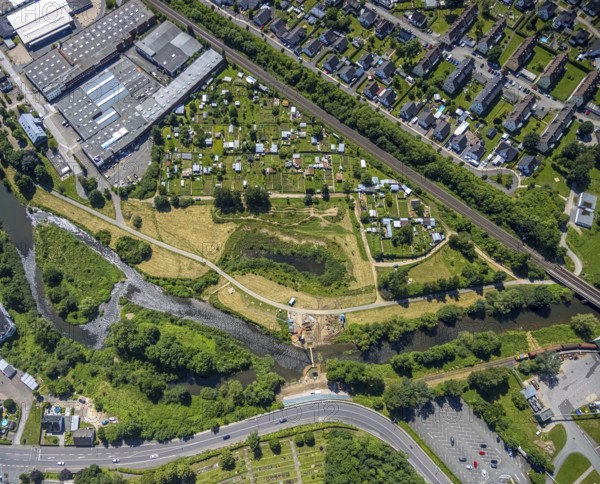 Aerial view, Lennewiesen with Bikepark Finnentrop and construction site at the river Lenne,