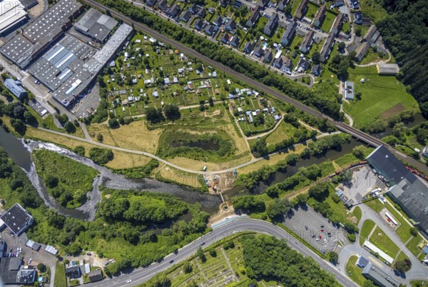 Aerial view, Lennewiesen with Bikepark Finnentrop and construction site at the river Lenne,