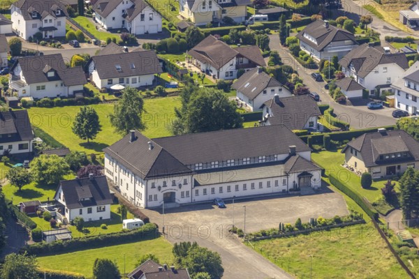Aerial view, Schützenhalle Heggen, Finnentrop, Sauerland, North Rhine-Westphalia, Germany, DE,