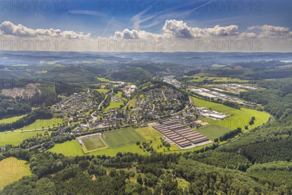 Aerial view, Lenhausen sports ground and Feinblech Systeme GmbH, hilly landscape and view of