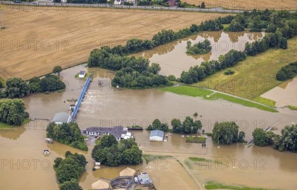 Aerial photo, Ruhr flood, Fröndenberg, Fröndenberg/Ruhr, Ruhr area, North Rhine-Westphalia,