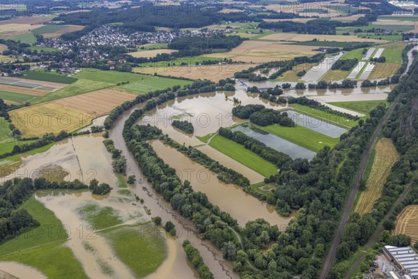 Aerial photo, Ruhr flood, Fröndenberg, Fröndenberg/Ruhr, Ruhr area, North Rhine-Westphalia,