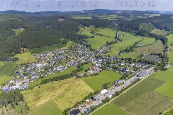 Aerial view, sawmill and village view Serkenrode, Finnentrop, Sauerland, North Rhine-Westphalia,