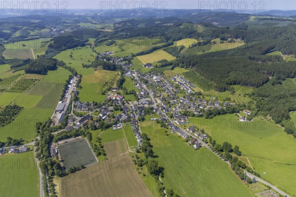 Aerial view, sawmill and village view Serkenrode, Finnentrop, Sauerland, North Rhine-Westphalia,