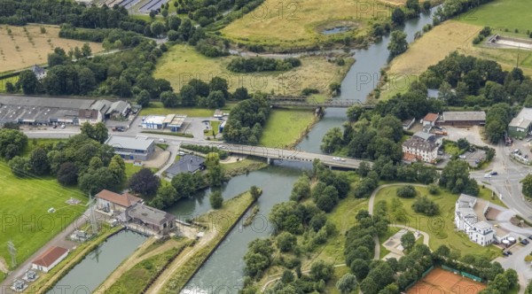 Aerial view, a week ago there was still land under water at this point - the Ruhr was flooding,