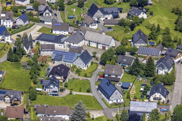 Aerial view, half-timbered houses with solar roof in the centre of Ostentrop, Finnentrop,