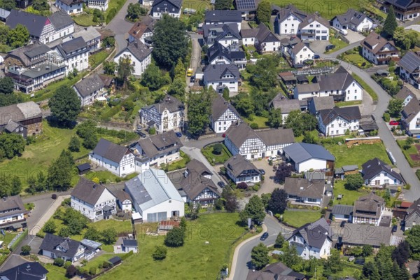 Aerial view, town centre with half-timbered houses in Schönholthausen, Finnentrop, Sauerland, North