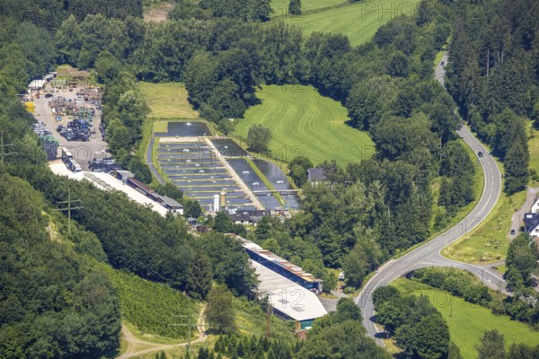 Aerial view, Rameil Forellenzucht in Müllen, industrial estate Mauro GmbH and MTS Finnentrop,