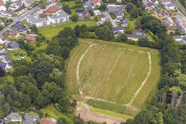 Aerial view, open space with municip. Kindergarten Villa Kunterbunt in the district Ardey,