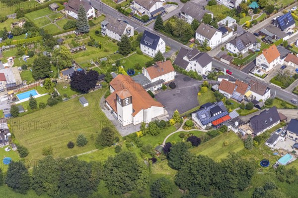 Aerial view, local view district Langschede and catholic St. Konrad church in Fröndenberg/Ruhr,