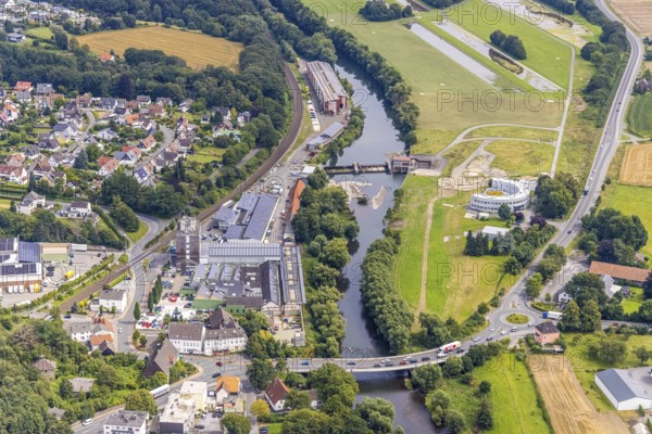 Aerial view, Wasserwerke Westfalen GmbH and Langschede run-of-river power station on the Ruhr
