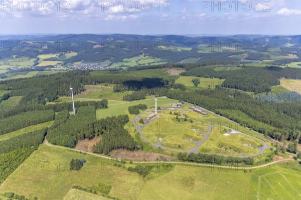 Aerial photo, Buchhagen mountain and wind turbine, former Nike fire control centre, now training