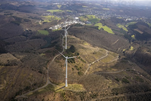 Forest damage and wind turbines Büschergrund, Freudenberg, Sauerland, North Rhine-Westphalia,