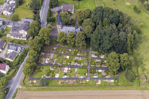 Aerial view, catholic church St. Agnes with cemetery in the district Bausenhagen, Fröndenberg/Ruhr,