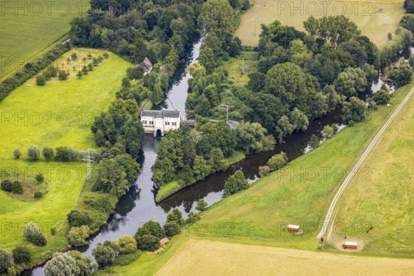 Aerial view, Obergraben with run-of-river power station Wickede and river Ruhr in the district