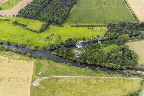 Aerial view, Obergraben with run-of-river power station Wickede and river Ruhr in the district